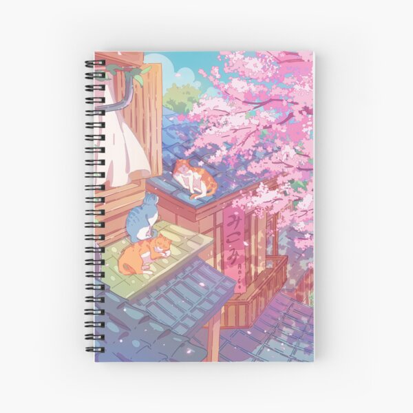 Aperçu de l'œuvre Les chats mignons, les toits et les fleurs de cerisier roses créée et vendue par AnGoArt.
