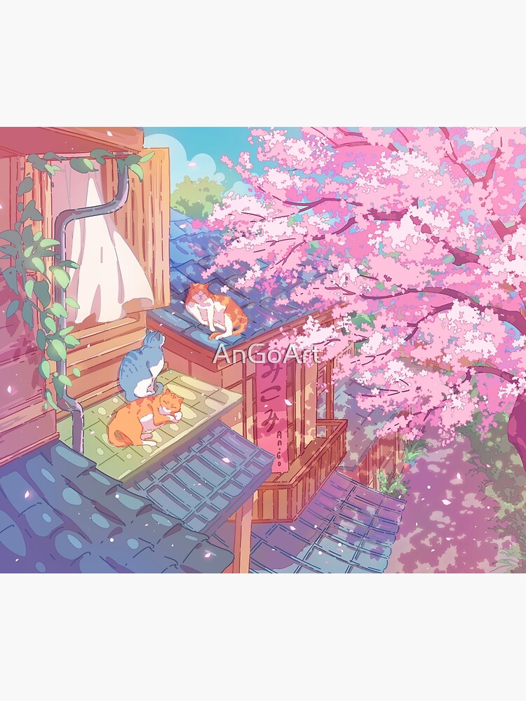 Discover The cute cats, rooftops, and pink cherry blossom Tapestry