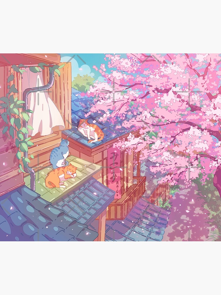 Thumbnail 3 of 3, Tapestry, The cute cats, rooftops, and pink cherry blossom designed and sold by AnGoArt.