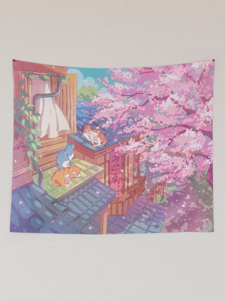 Thumbnail 2 of 3, Tapestry, The cute cats, rooftops, and pink cherry blossom designed and sold by AnGoArt.
