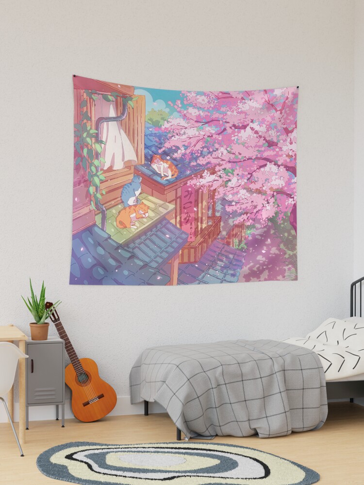 Thumbnail 1 of 3, Tapestry, The cute cats, rooftops, and pink cherry blossom designed and sold by AnGoArt.