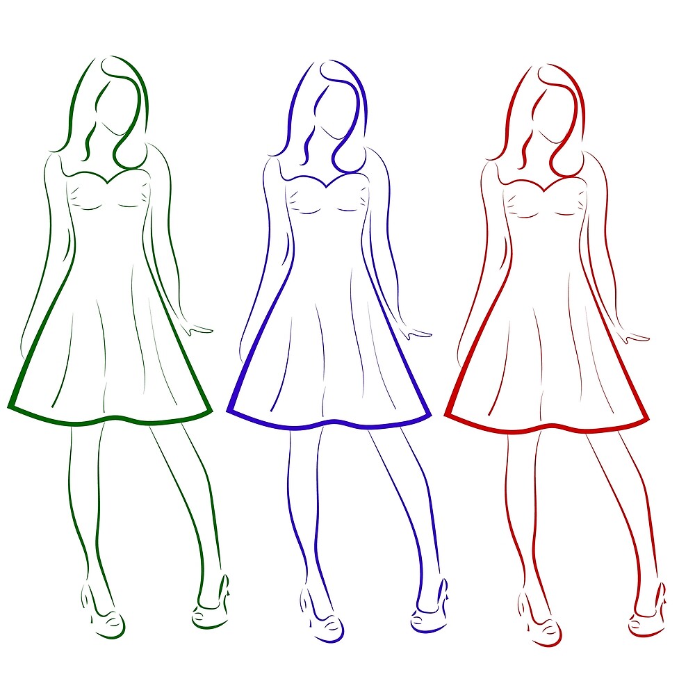 Colored Outline Drawing Of Three Girls In Dresses By Alexx60