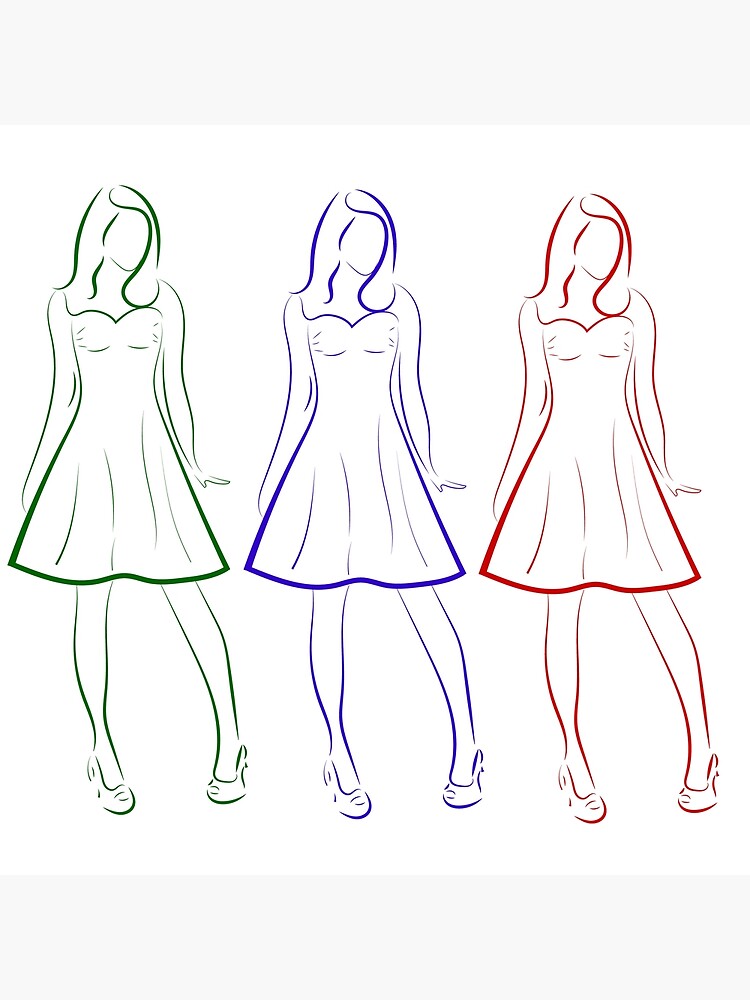 Colored Outline Drawing Of Three Girls In Dresses Greeting Card