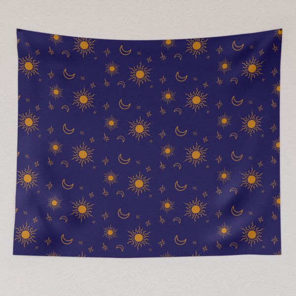 Item preview, Celestial gold print, sun moon and stars on midnight blue designed and sold by Freewheeling.