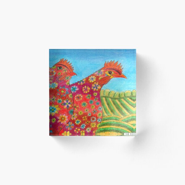 395 - FLORAL HENS - DAVE EDWARDS - COLOURED PENCILS - 2013 Acrylic Block