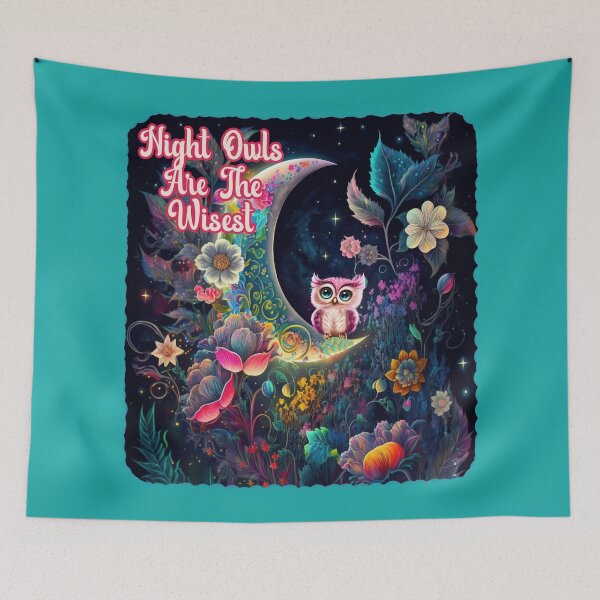 Item preview, Night Owls Are The Wisest With Beautiful Quarter Moon and Flowers in Night Sky designed and sold by JoyOfHopeStore.