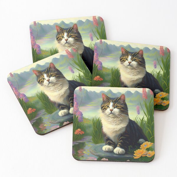 Item preview, Claude Monet Inspired Garden and Cat Painting-victorian cat portrait designed and sold by Tamas Das.