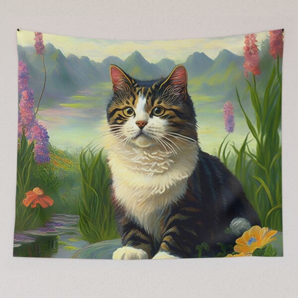 Item preview, Claude Monet Inspired Garden and Cat Painting-victorian cat portrait designed and sold by Tamas Das.