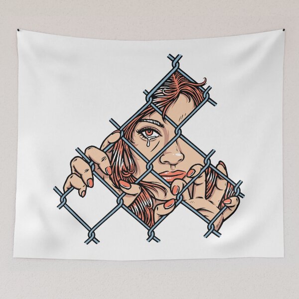 Item preview, sad face of woman behind metal fence designed and sold by teenlabel.