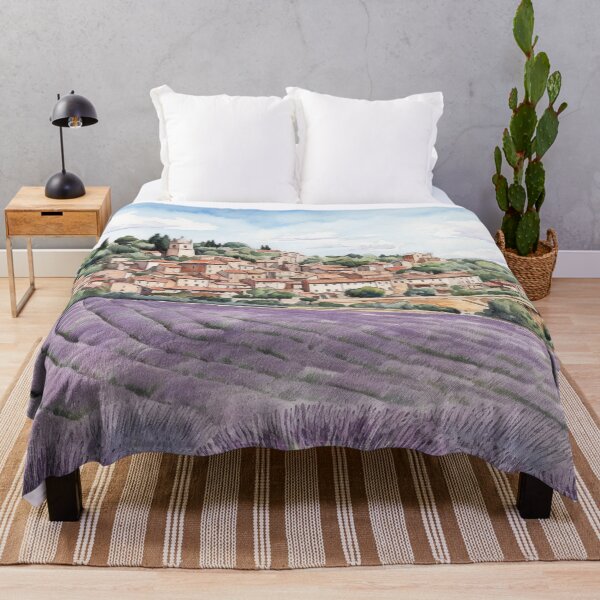 Item preview, Provence landscape painting, lavender field and village in watercolor designed and sold by mliotard.