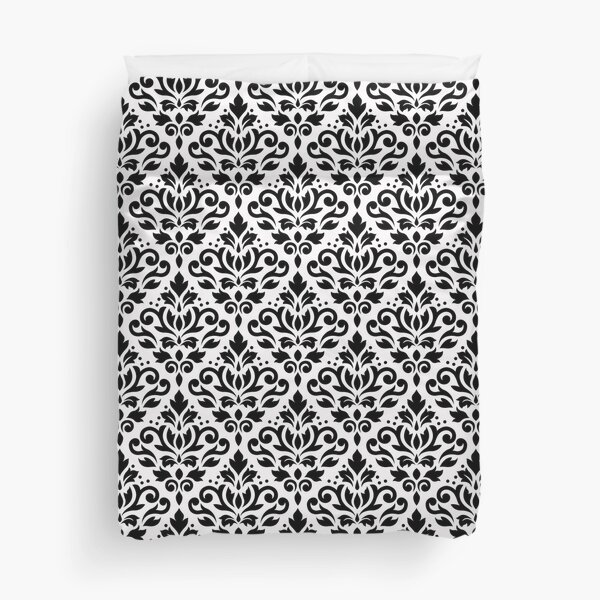 Scroll Damask Pattern Black on White Duvet Cover