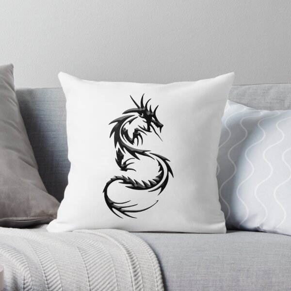 Dragón Negro. Tatuaje, oriental, dragón, sobre blanco. Cojín