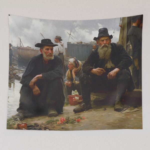 Item preview, Men having a break at the harbour, AI art designed and sold by MachinaeDreams.