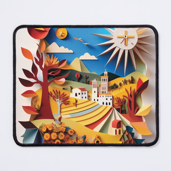 Item preview, landscape with a church and sun, paper cut style designed and sold by artpapercuts.