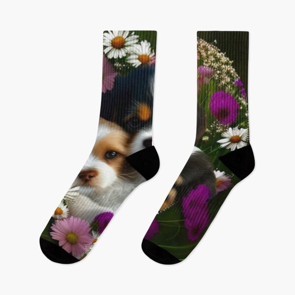 Artikelvorschau, Glückliche süße Welpen und Blumen mit Liebe von Brandon Cable entworfen und verkauft von BrandonArtWorld.