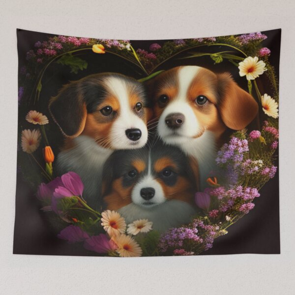 Artikelvorschau, Glückliche süße Welpen und Blumen mit Liebe von Brandon Cable entworfen und verkauft von BrandonArtWorld.