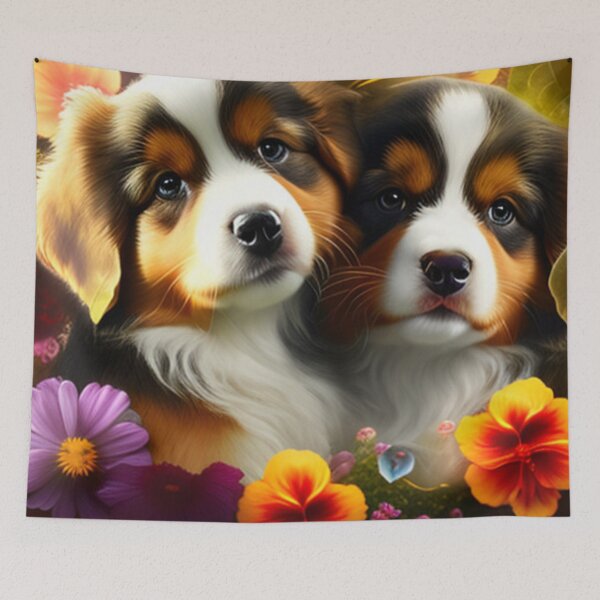 Artikelvorschau, Glückliche süße Welpen und Blumen mit Liebe von Brandon Cable entworfen und verkauft von BrandonArtWorld.