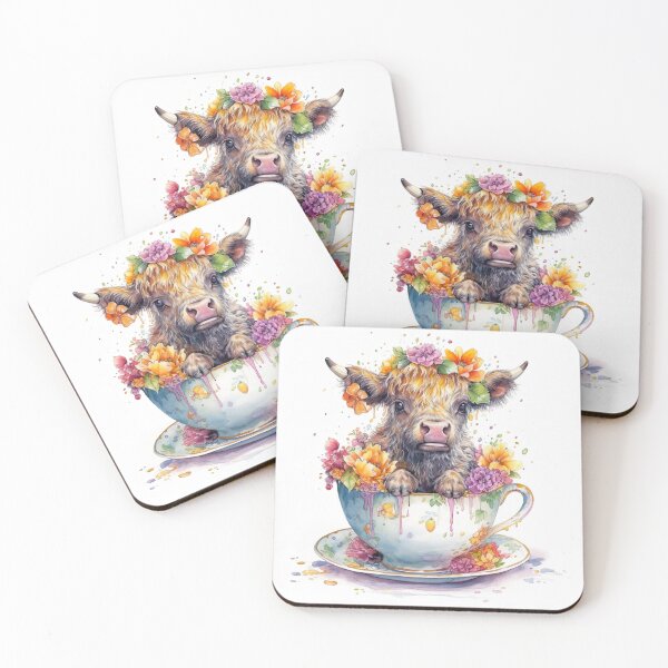 Item preview, Watercolor Floral Teacup Baby Highlander Cow #004 designed and sold by ArtworkbyJM.