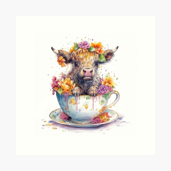 Item preview, Watercolor Floral Teacup Baby Highlander Cow #004 designed and sold by ArtworkbyJM.