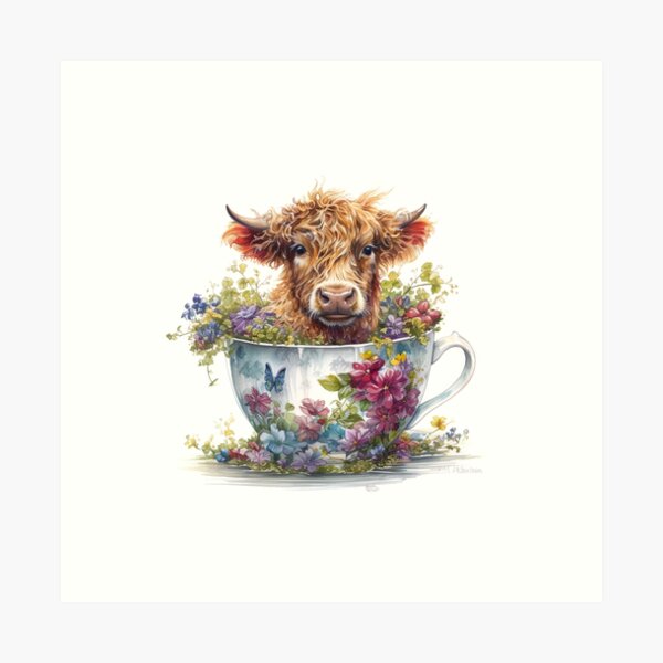 Item preview, Watercolor Floral Teacup Baby Highlander Cow #005 designed and sold by ArtworkbyJM.