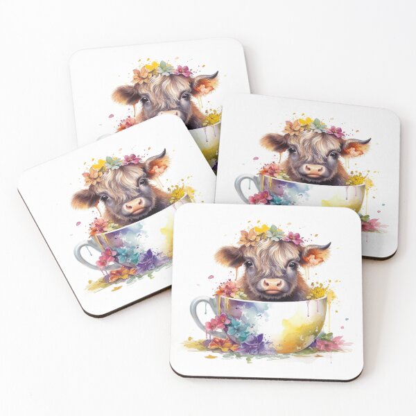 Item preview, Watercolor Floral Teacup Baby Highlander Cow #006 designed and sold by ArtworkbyJM.