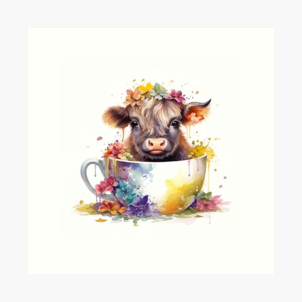 Item preview, Watercolor Floral Teacup Baby Highlander Cow #006 designed and sold by ArtworkbyJM.