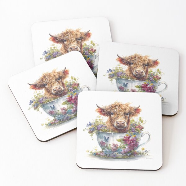 Item preview, Watercolor Floral Teacup Baby Highlander Cow #007 designed and sold by ArtworkbyJM.