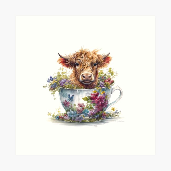 Item preview, Watercolor Floral Teacup Baby Highlander Cow #007 designed and sold by ArtworkbyJM.