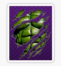 Green muscle chest in purple ripped torn tee Sticker