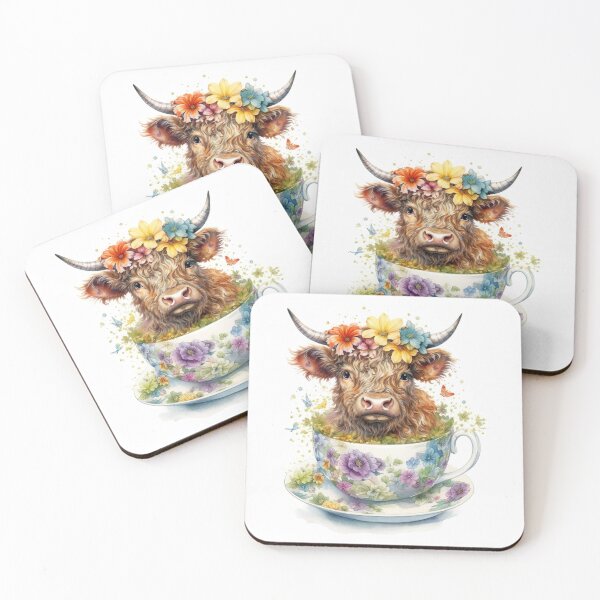 Item preview, Watercolor Floral Teacup Baby Highlander Cow #008 designed and sold by ArtworkbyJM.