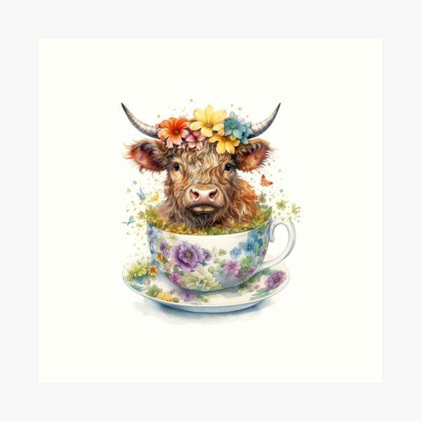 Item preview, Watercolor Floral Teacup Baby Highlander Cow #008 designed and sold by ArtworkbyJM.