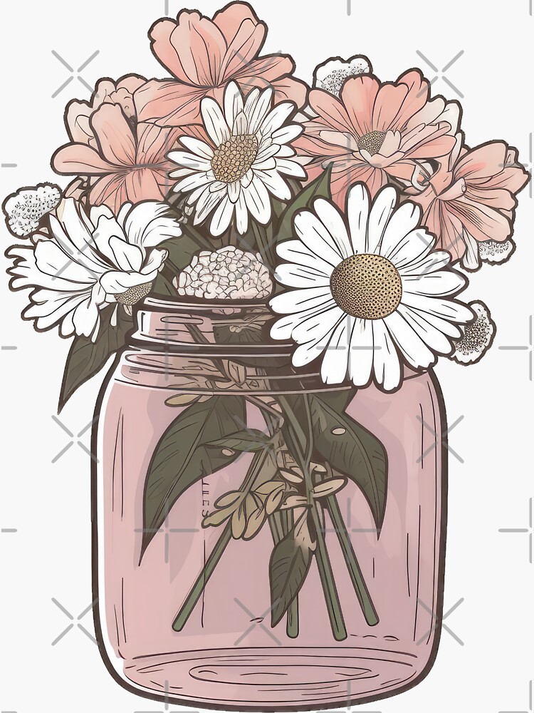 Pink Mason Jar with Flowers Sticker | Sticker