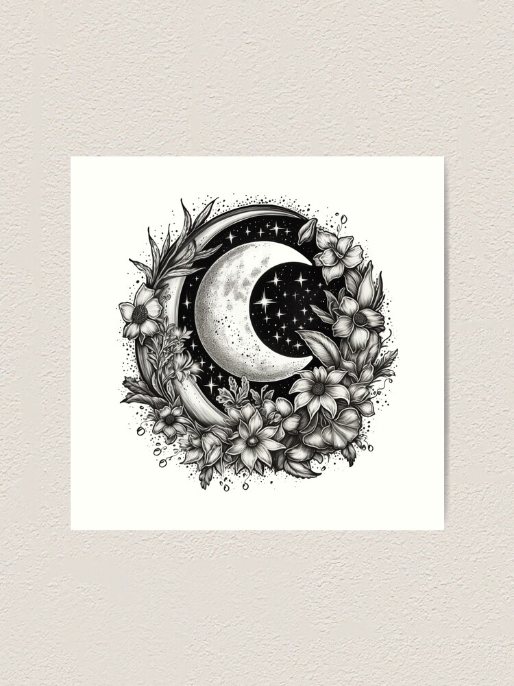 flash-tattoo-crescent-moon-surrounded-by-stars-art-print-for-sale-by-amazingtraits-redbubble