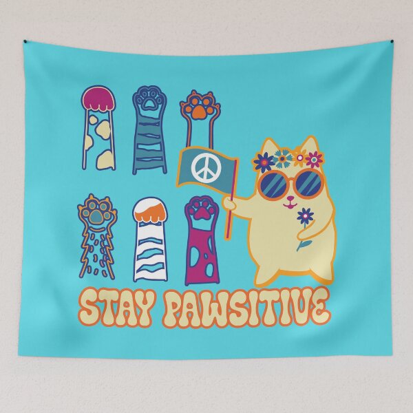 Item preview, Stay Pawsitive Hippy Kitty Cat with Peace Sign Banner, Flowers and Sunglasses designed and sold by JoyOfHopeStore.