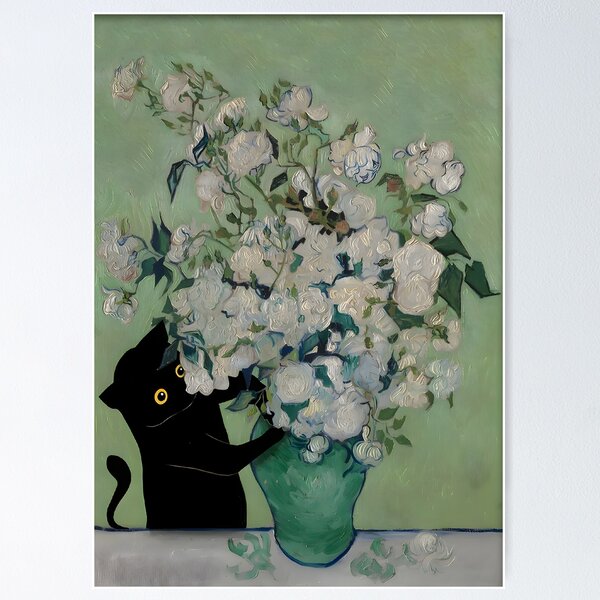 Item preview, Black Cat Art Print Van Gogh Roses Still Life designed and sold by outdoorway.