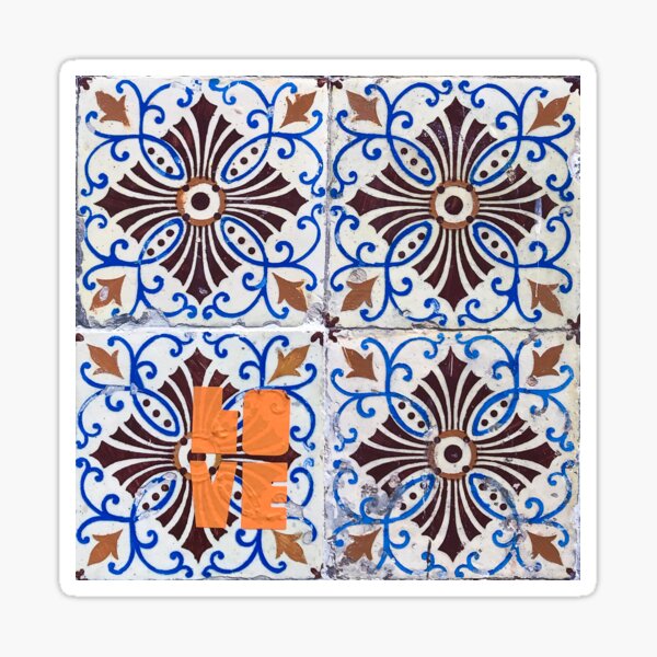 Brown, Blue and White Azulejos with added Love. Sticker
