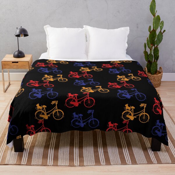 Item preview, Silhouette of three vintage bicycles in red, blue and yellow with basket and shcnauzer dog inside, framed in a yellow rectangle designed and sold by Martapp.