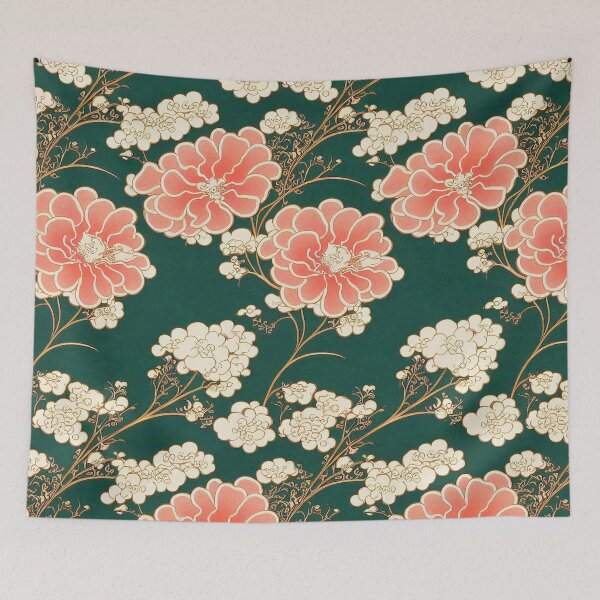 Item preview, Pink flowers on green background pattern designed and sold by Somniodelic Workshop.