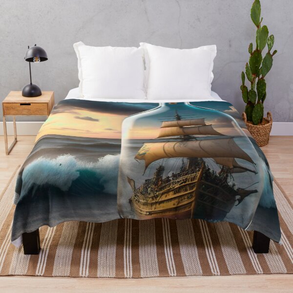 Item preview, pirate ship with sails in a bottle on the beach with the ocean in the back designed and sold by Inked-Attire.