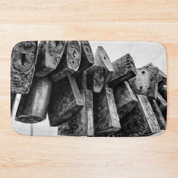 Item preview, Rusty padlocks on a bridge high contrast black and white digital photography designed and sold by nachodramis.