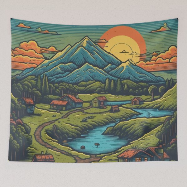 Item preview, A Small Mountain Village with a Lake at Sunset - Vintage New Zealand  designed and sold by GVRDesign.