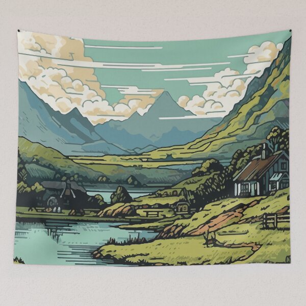 Item preview, A Rural Farm Near a River with Mountain Background - Vintage New Zealand  designed and sold by GVRDesign.