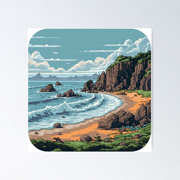 Item preview, A Rocky Beach in a Pixelated 1980s Retro Video Game Style - Vintage New Zealand  designed and sold by GVRDesign.