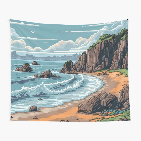 Item preview, A Rocky Beach in a Pixelated 1980s Retro Video Game Style - Vintage New Zealand  designed and sold by GVRDesign.