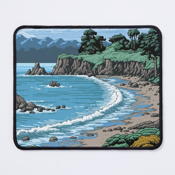Item preview, A Rocky Beach Inlet in a Pixelated 1980s Retro Video Game Style - Vintage New Zealand designed and sold by GVRDesign.