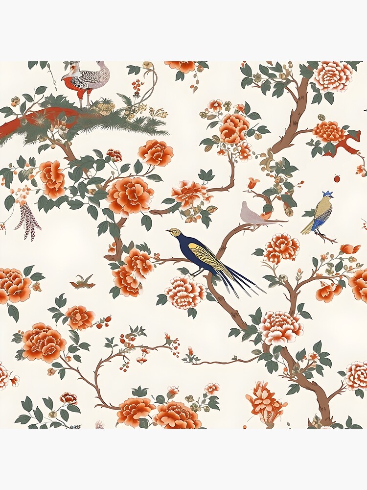 Disover Vintage Chinoiserie Floral Cream and Burnt Orange Premium Matte Vertical Poster