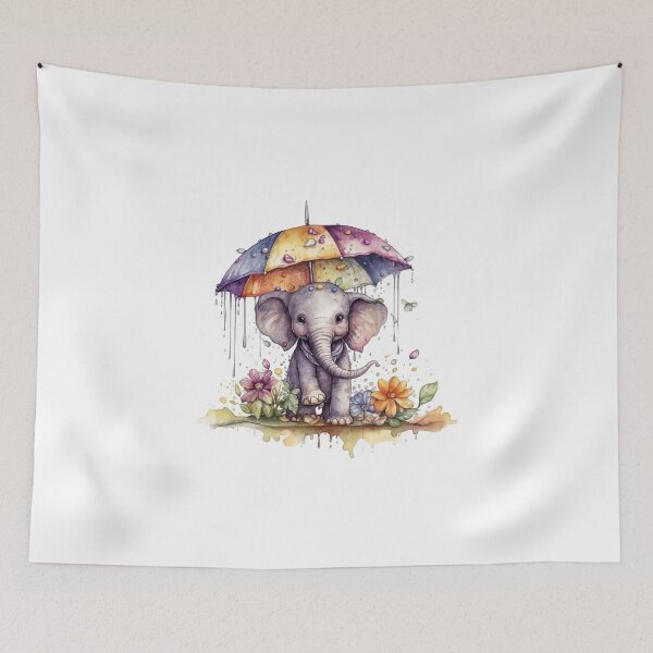 Item preview, Watercolor Rainy Day Elephant with Umbrella and Florals #002 designed and sold by ArtworkbyJM.