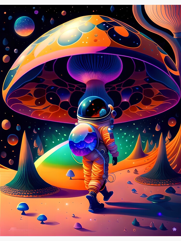 Discover Astronaut discovering a mushroom planet. Premium Matte Vertical Poster