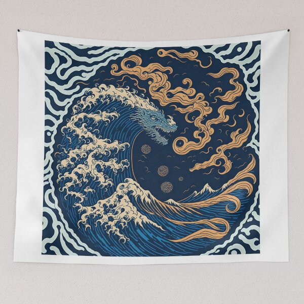 Aperçu de l'œuvre Conception d'autocollant abstrait avec un dragon et la vague emblématique de Kanagawa par Hokusai créée et vendue par RedArtG09.