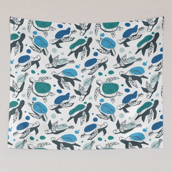 Item preview, Keep the sea turtles happy and plastic free // white background blues and greens Ultra-Steady palette geometric sea animals designed and sold by SelmaCardoso.